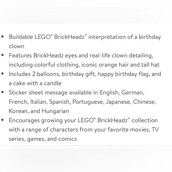 New, retired LEGO BrickHeadz Birthday Clown Building Set 40348 - Picture 8 of 9